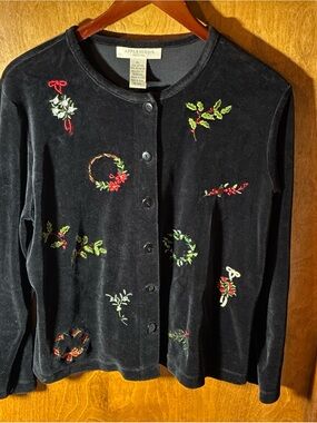 Appleseeds PL Grandmacore Black Velour Cardigan Embroidered Christmas Holiday
